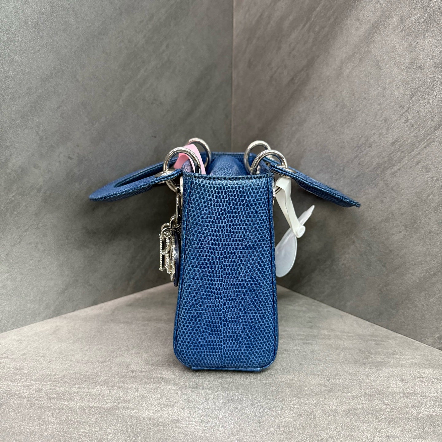 Dior Lady Dior Small (Three-Grid) Blue Diamond-Clasp Lizard Skin Handbag, with structured silhouette, clean interior, 15-series serial code, adjustable shoulder strap