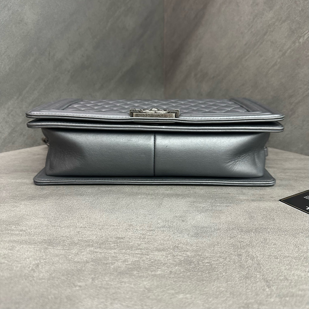 Chanel Leboy Medium-Large, Silver-Grey Smooth Calfskin, Silver Hardware, 20 Series with Authenticity Card