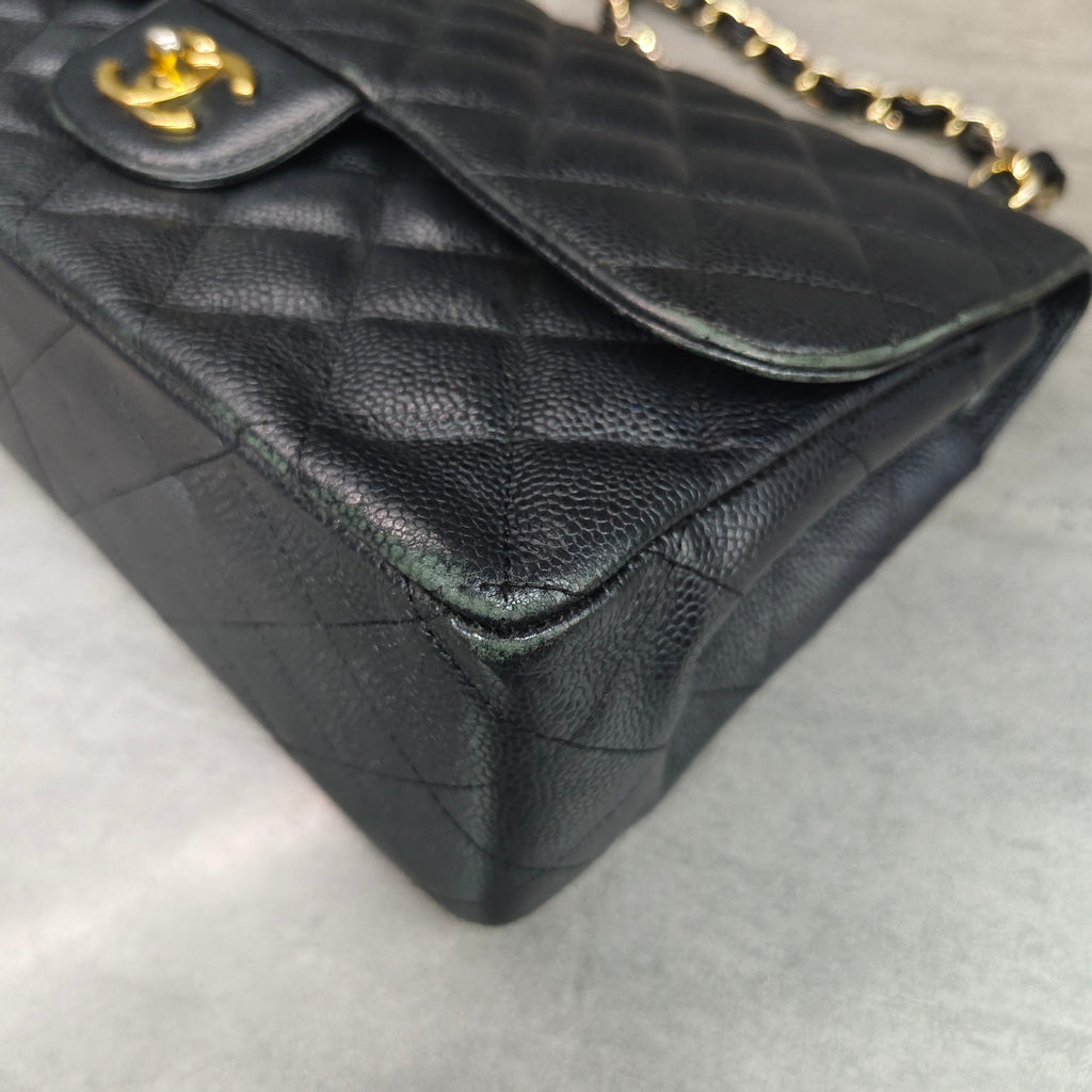 Chanel CF Jumbo Black Gold Litchi Grain Leather Chain Bag 16K, structured bag shape, clean interior.