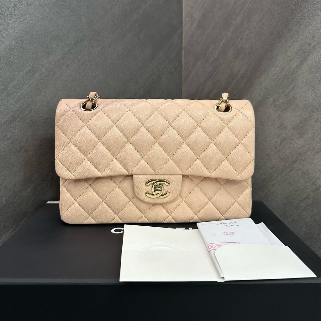 Chanel CF Small Size Cherry Blossom Pink Litchi Leather Light Gold Hardware Complete Set