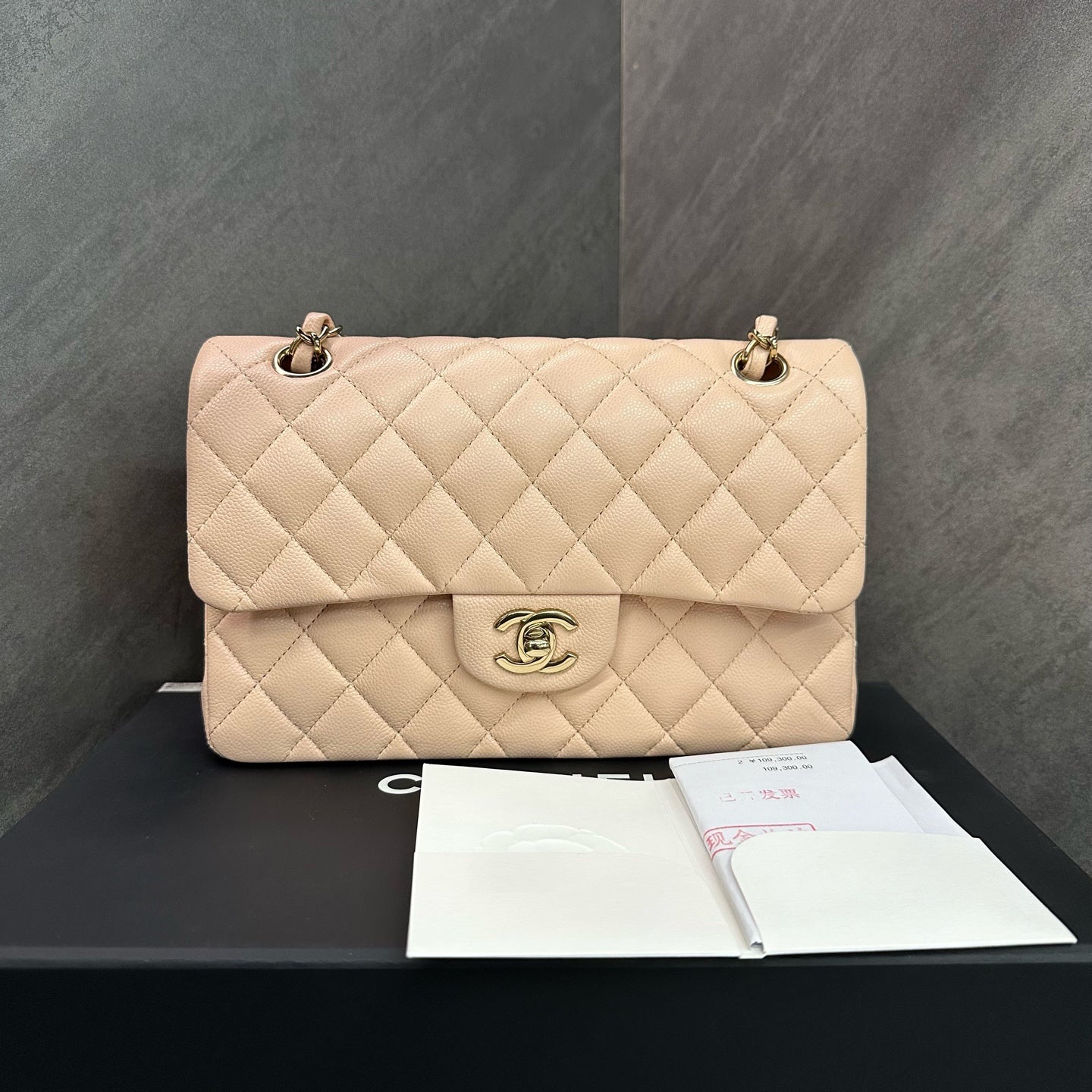 Chanel CF Small Size Cherry Blossom Pink Litchi Leather Light Gold Hardware Complete Set