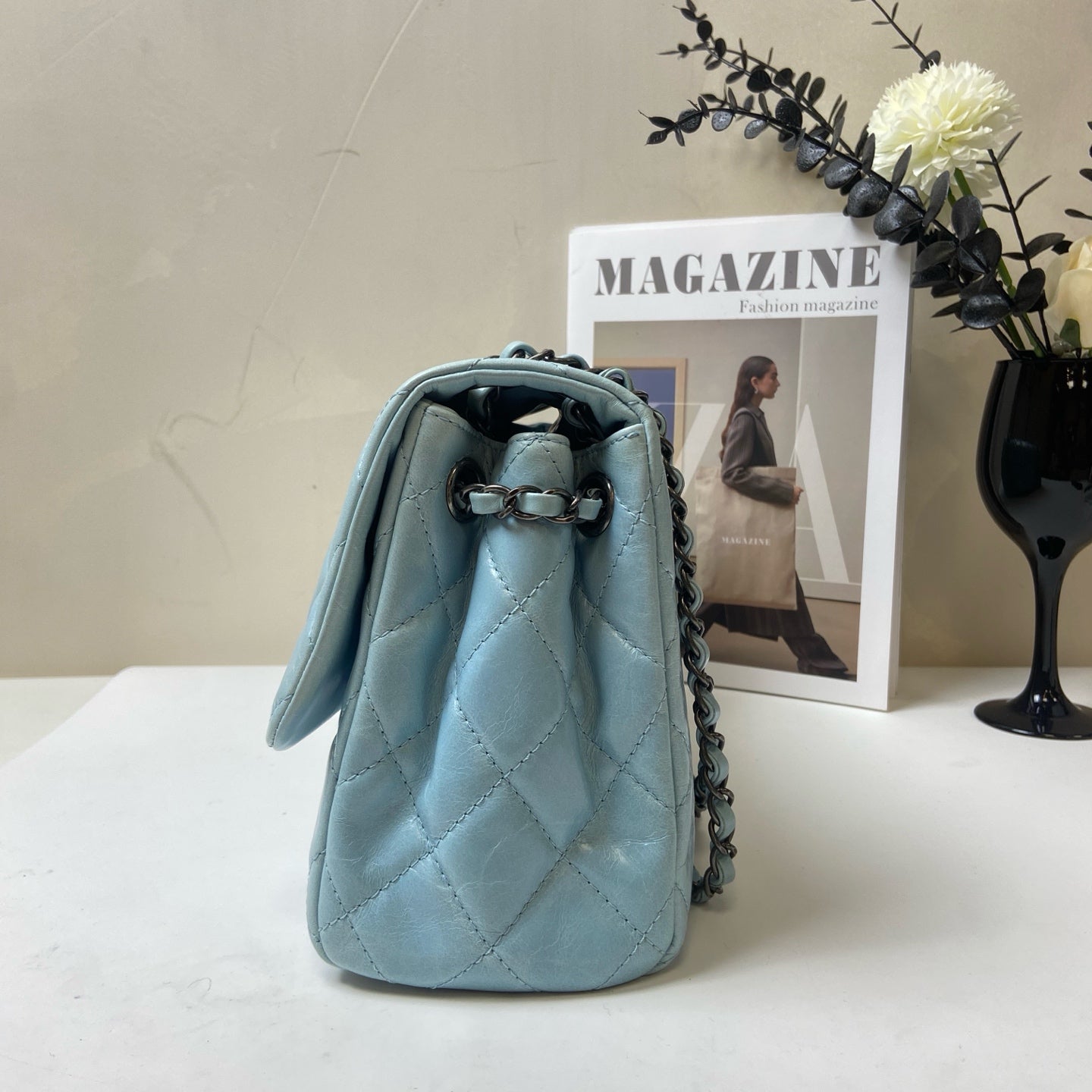 Chanel Blue Lambskin Jumbo CF Shoulder Bag 20, in 98% New Condition, Size 30.5*20.