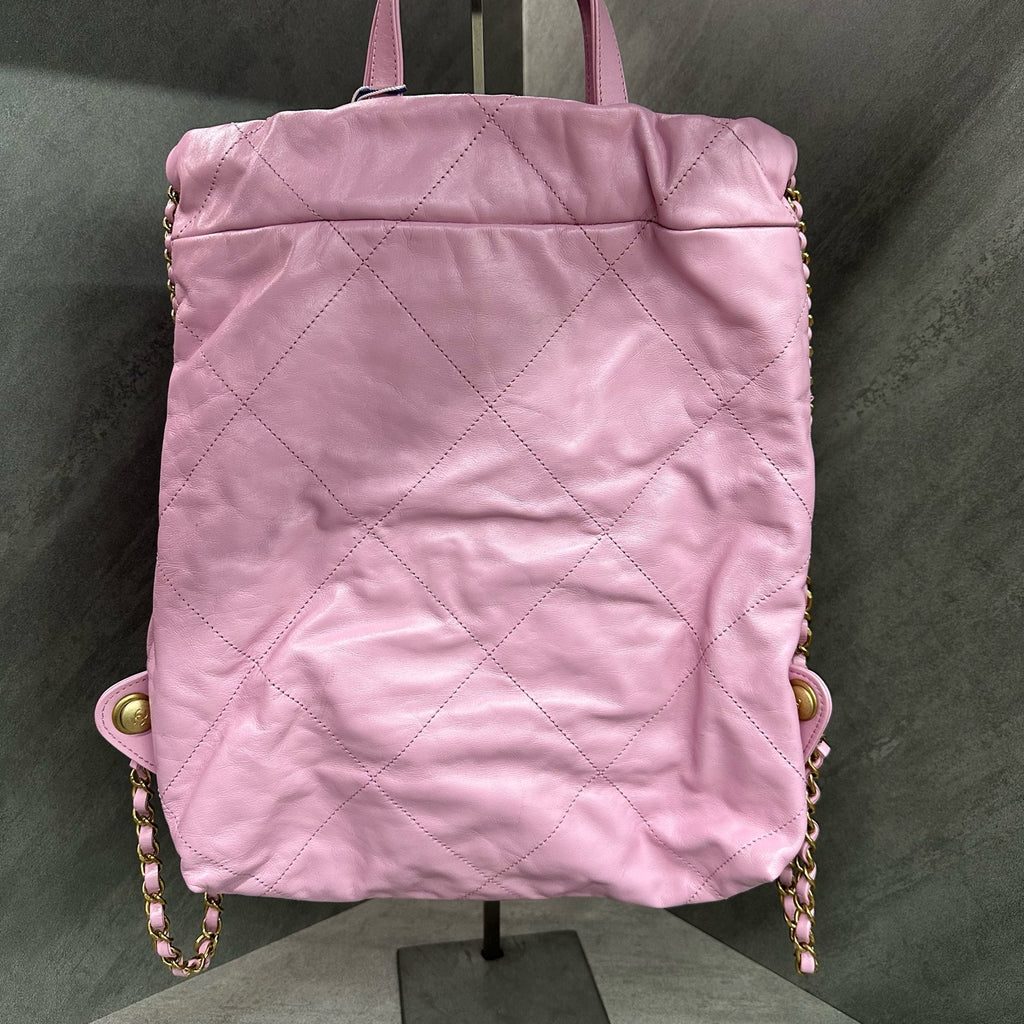 Chanel Pink and Gold Logo Quilted 22 Bag Small Backpack Chip (Consignment)