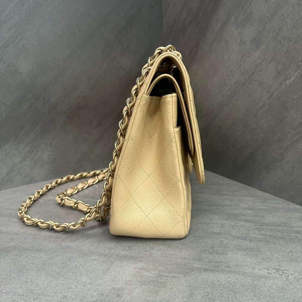 Chanel CF Jumbo Beige Gold Hardware Litchi Leather Chain Bag 18K