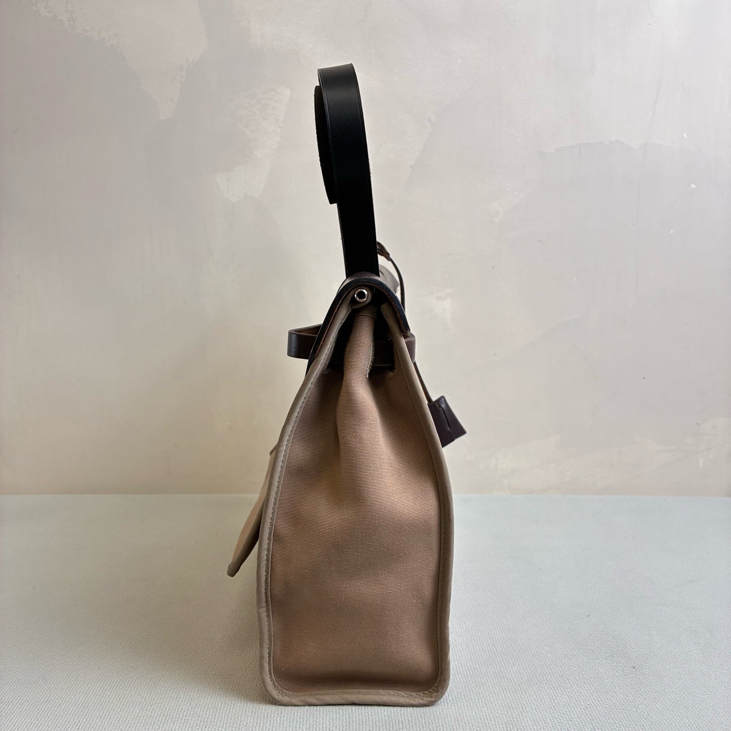Hermes Herbag 31 Canvas and Leather, Dark Oak Color, Silver Hardware, T Stamp, 99% New
