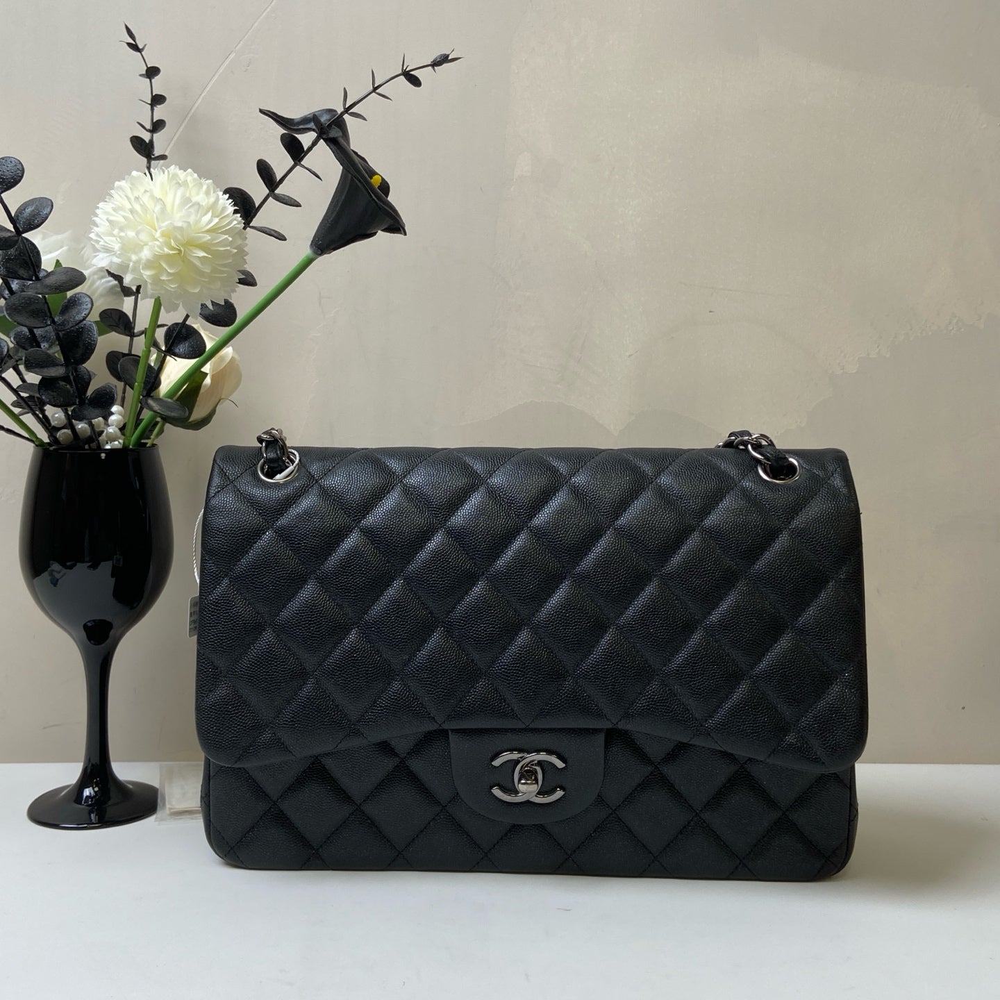 CHANEL 24K Black Silver Iridescent CF Chain Bag CF JUMBO Shoulder Bag 99% New Length of Bottom 30cm