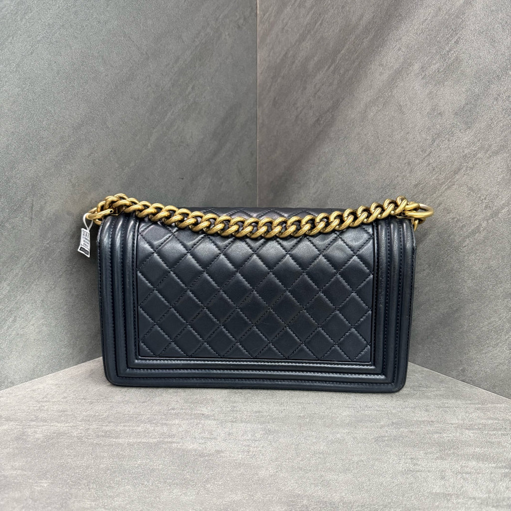 Chanel leboy medium size black gold lambskin chain bag, 19-series with card