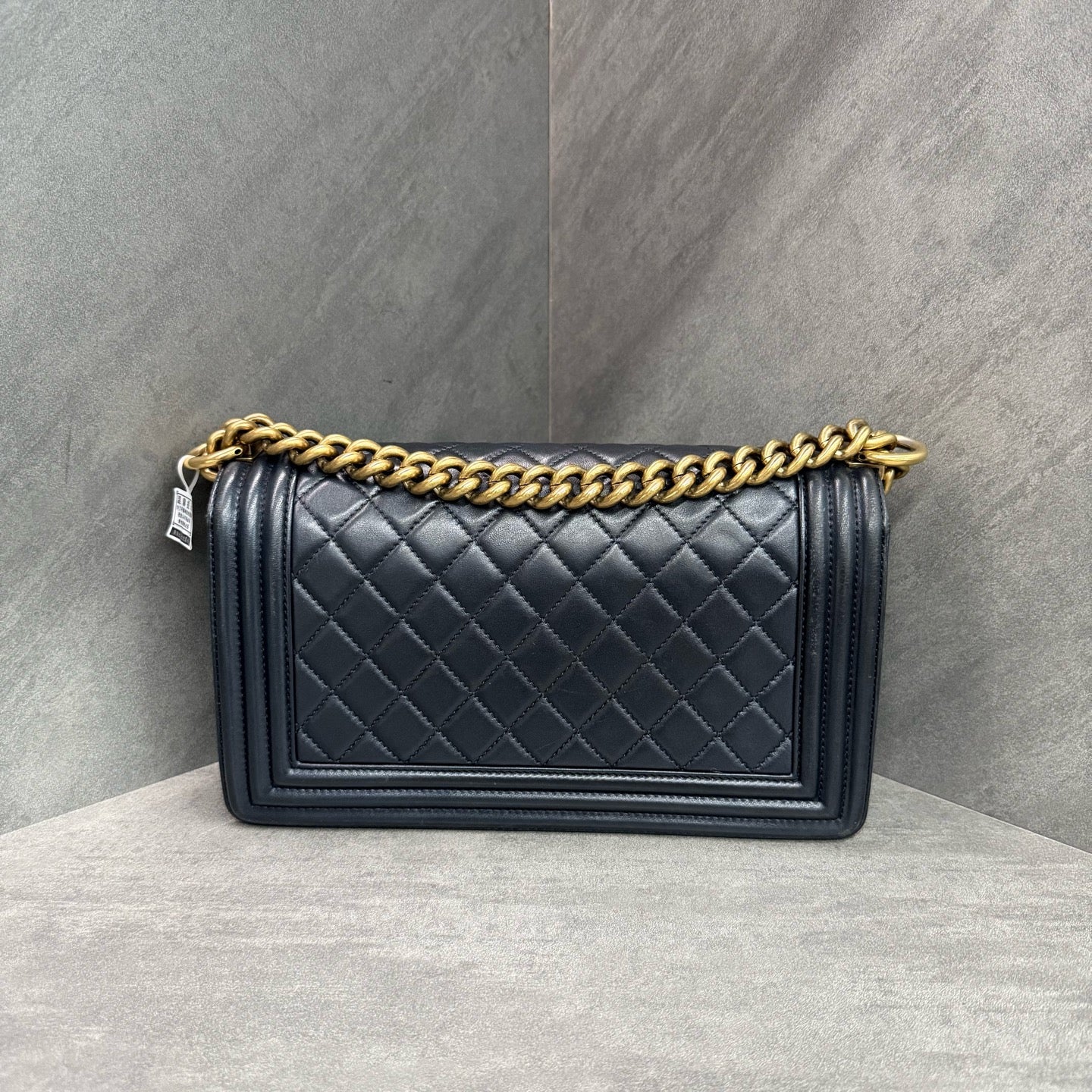 Chanel leboy medium size black gold lambskin chain bag, 19-series with card