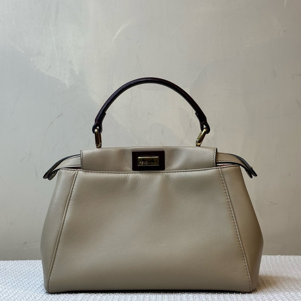 Fendi Peekabo Leather Bag, Light Grey with Dark Red, 98% New, Size 24*19, Shoulder Bag