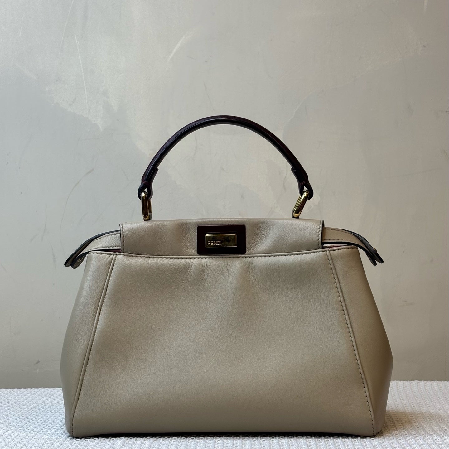Fendi Peekabo Leather Bag, Light Grey with Dark Red, 98% New, Size 24*19, Shoulder Bag