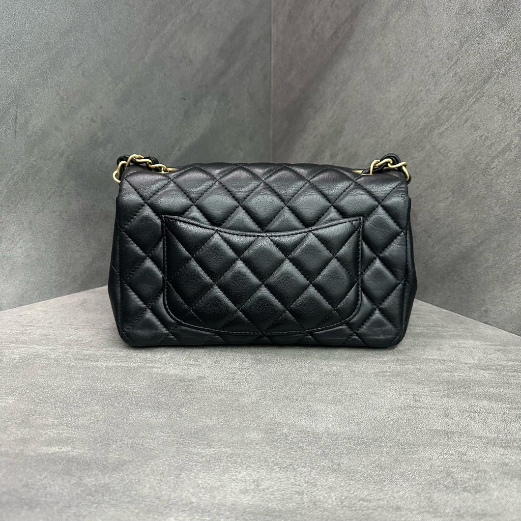 Chanel CF Mini Black Gold Lambskin Chain Bag 27 Opening, Structured Shape, Clean Interior