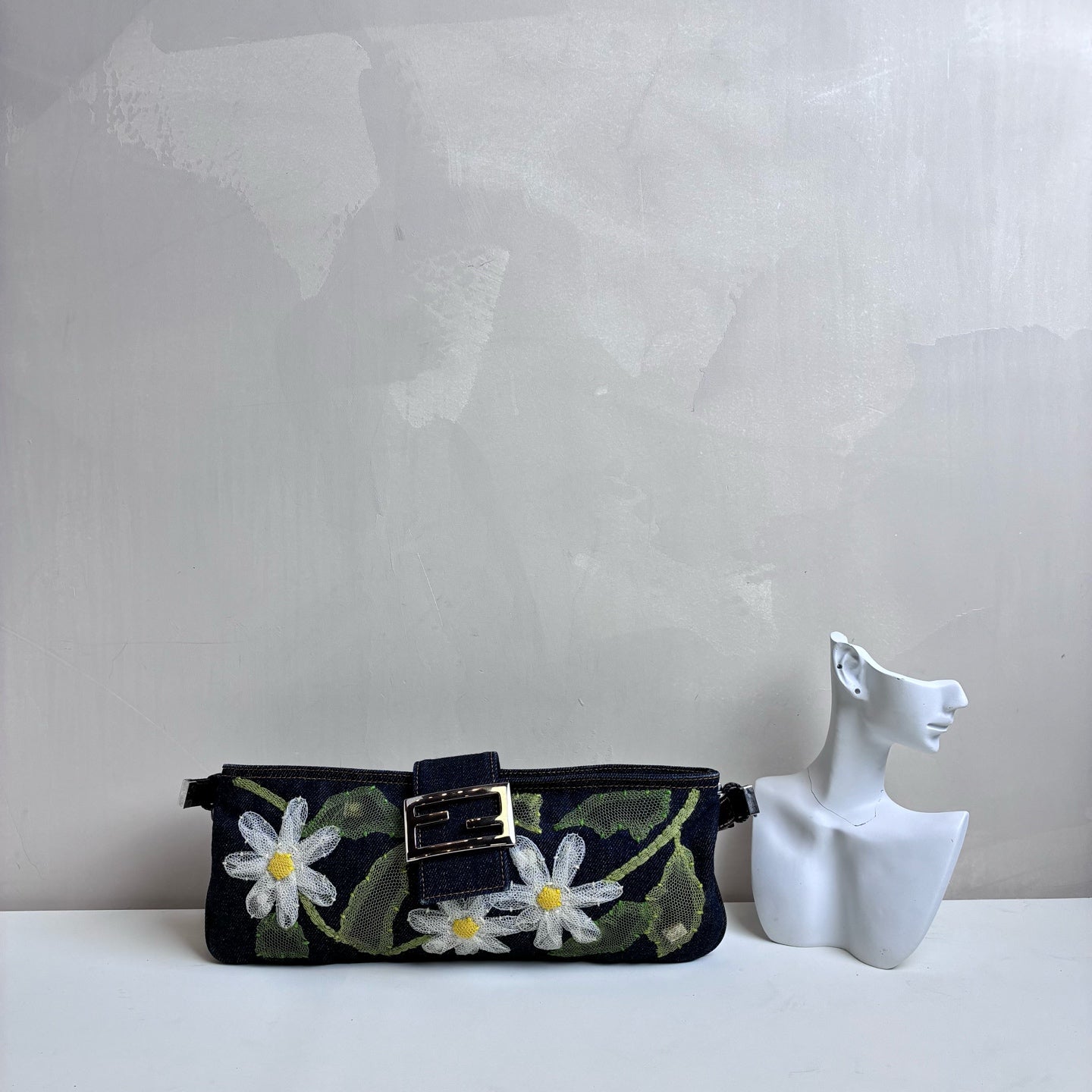 Fendi Baguette Denim Lace Flower Baguette Crossbody Bag 99% New Size: 30*12 Dark Blue