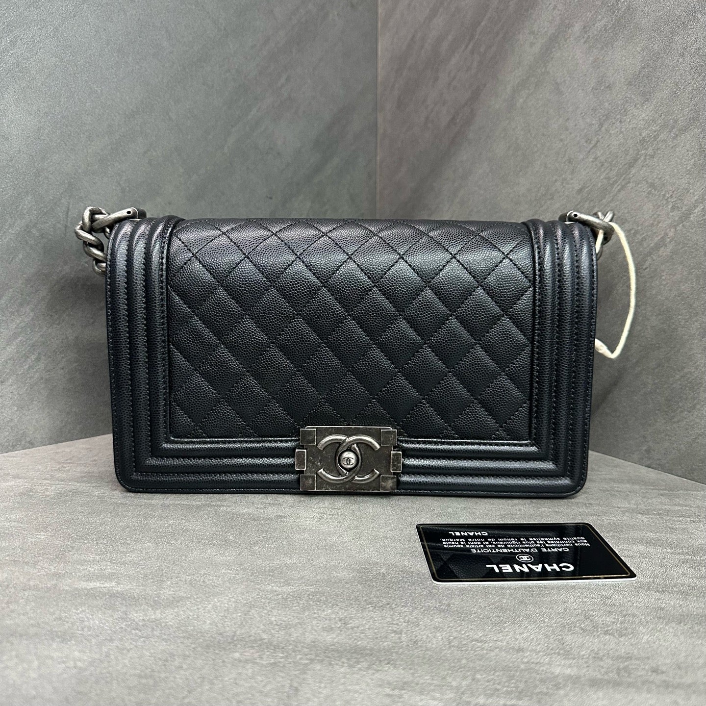 Chanel Le Boy Medium Black Silver Litchi Grain Leather Chain Bag 25 Opening with Card, Structured Shape, Clean Interior