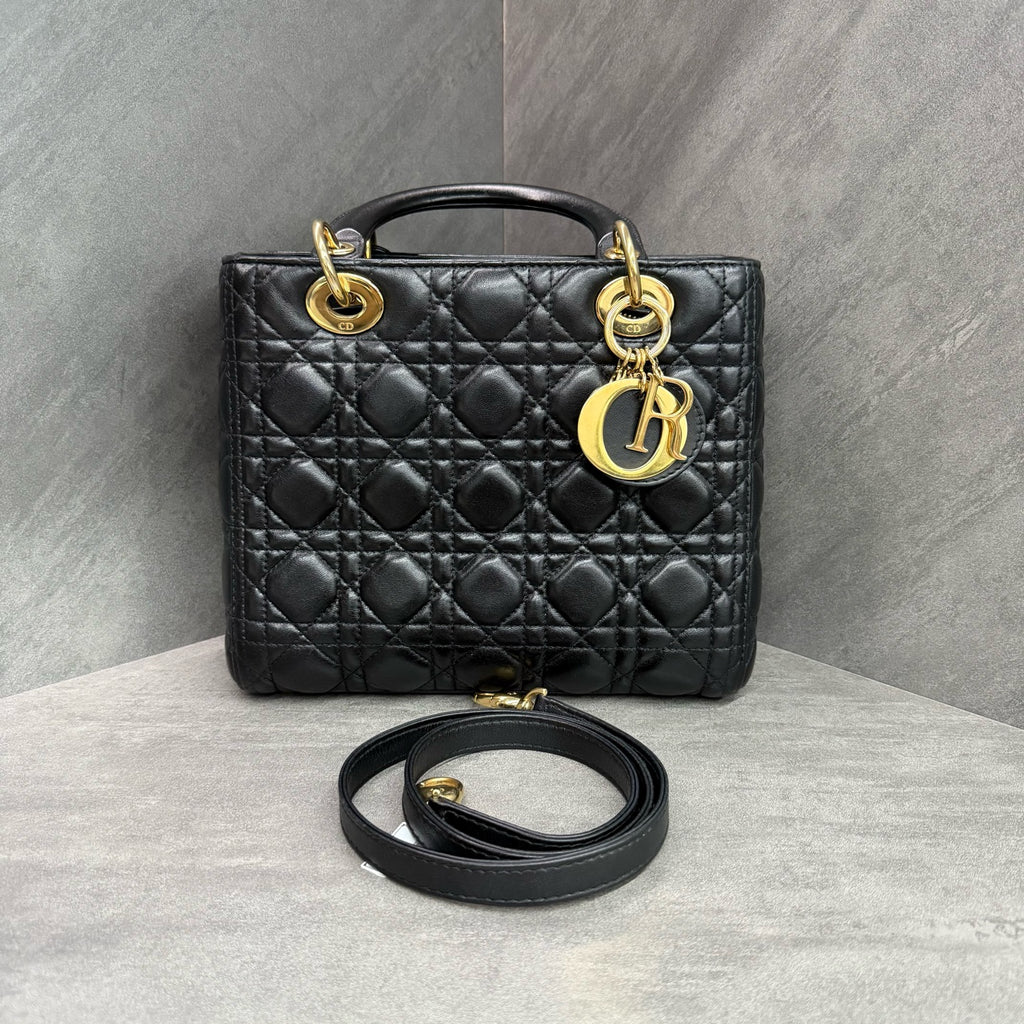 Dior Lady Dior 5-grid, black-gold lambskin, classic diamond quilting, gold hardware, 2013 serial number, in stock at favorable price