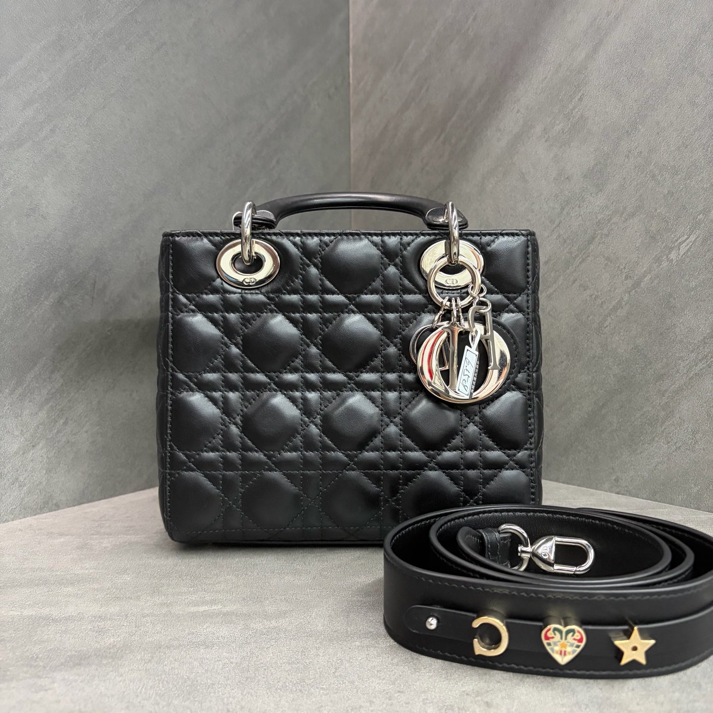 Dior Lady Dior, four-grid, black and silver lambskin, 2019 serial code, structured shape, pristine condition, original condition