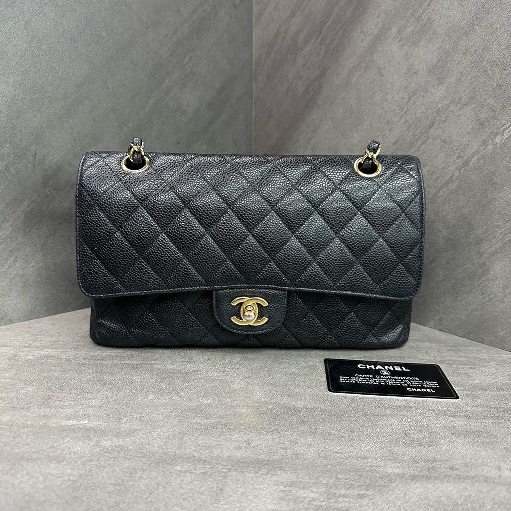 Chanel CF Medium Black Gold Lambskin Chain Bag 17 Open with Card