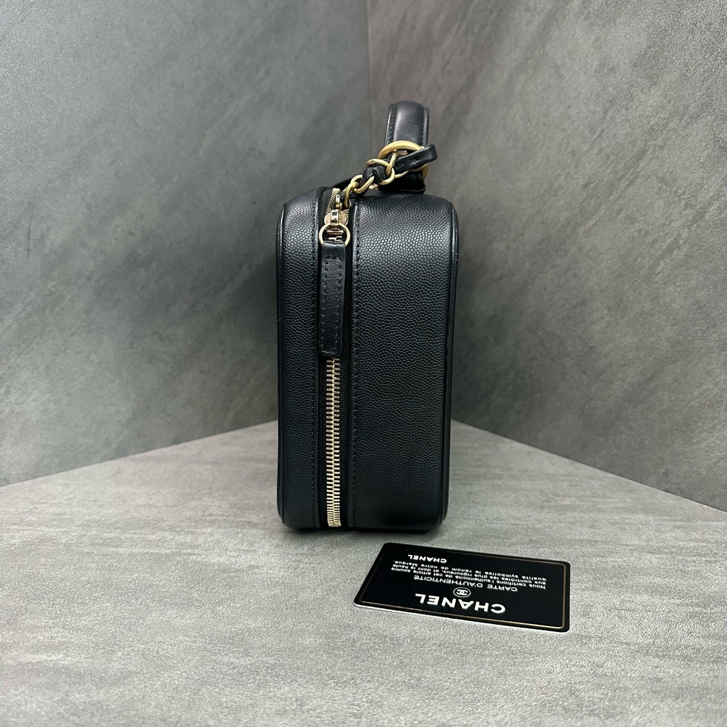 Chanel Vanity Case Black Quilted Camera Bag with Gold Hardware Medium 25 Opening with Card