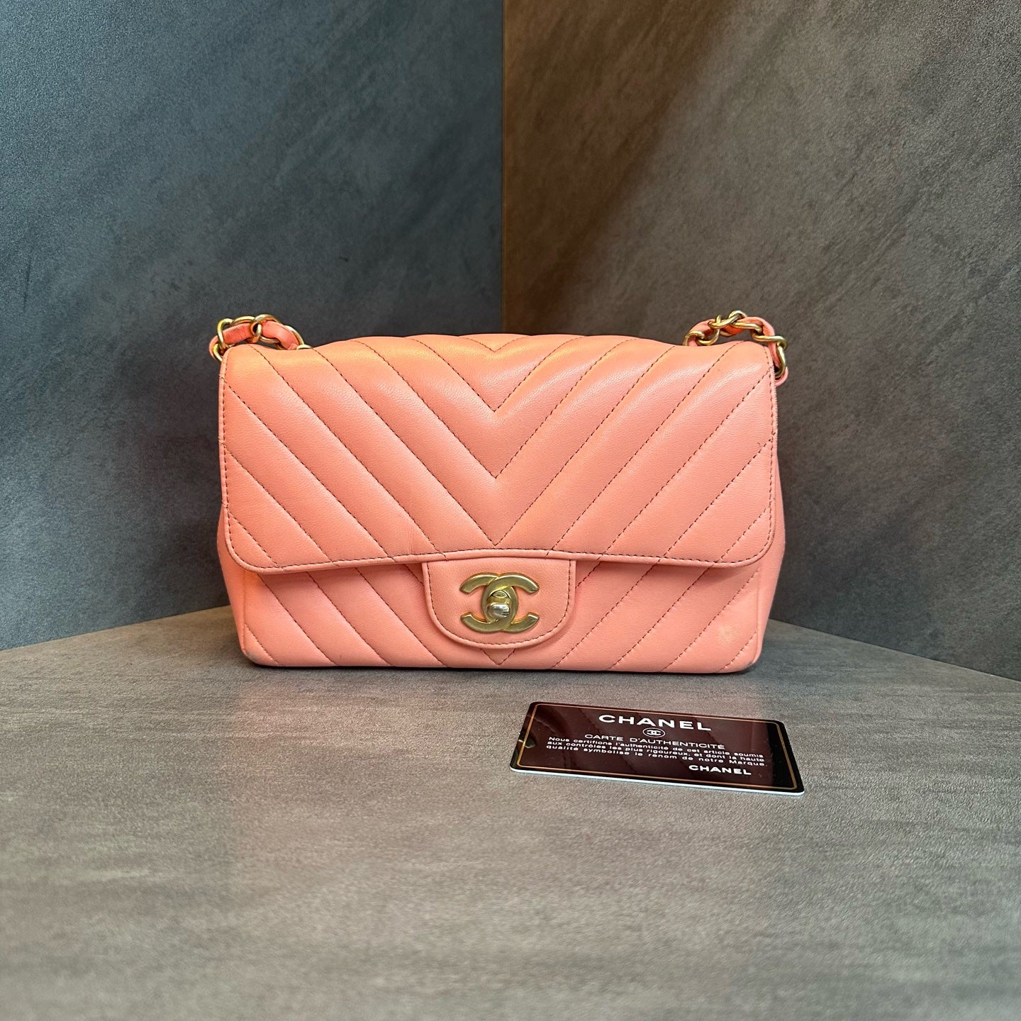 Chanel Classic Flap Large Mini Coral Pink V-stitch Lambskin Gold-tone Hardware Chain Bag, base length 20cm, 27-series with authenticity card