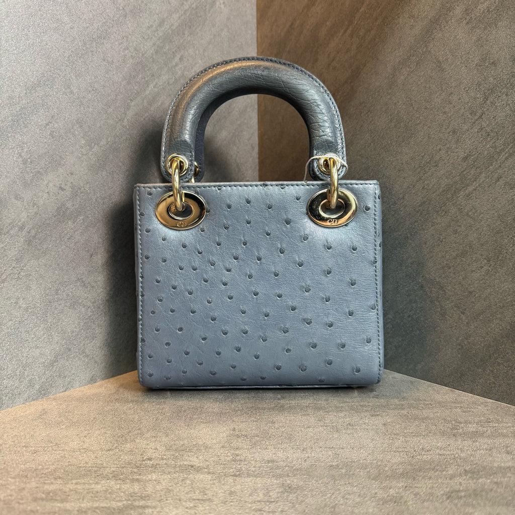 99% new Dior Lady Dior three-compartment ostrich skin grey-gold bag, structured silhouette, clean interior, no wear on the four corners, 2021 serial code, original condition, available now