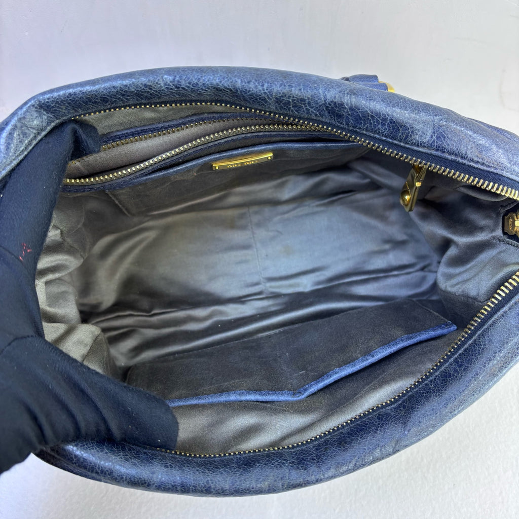 Miu Miu Blue Ruched Oil Wax Leather Tote Crossbody Bag Size 27*20 Excellent Condition 98% New