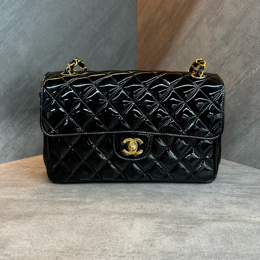 Chanel/ Chanel black gold patent leather twin Stars double-sided large laser 4K