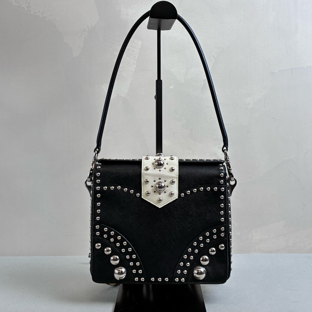 Prada 99% New Color-blocking Fringe Studded Single-shoulder Crossbody Bag Two Replacement Shoulder Straps Cowhide Size 19*18
