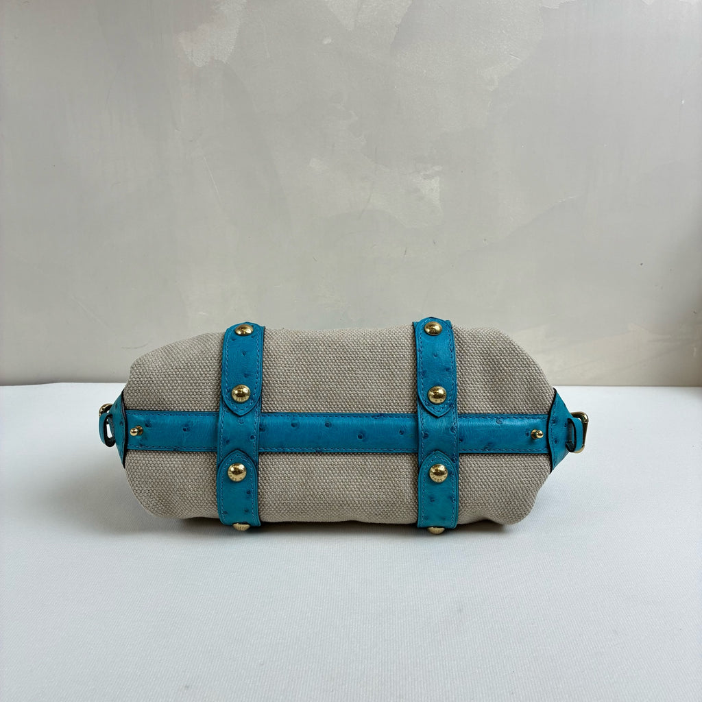 LV Blue Ostrich Leather and Canvas Lock Handbag Show Model, Blue Ostrich with Beige Canvas, 23*19.