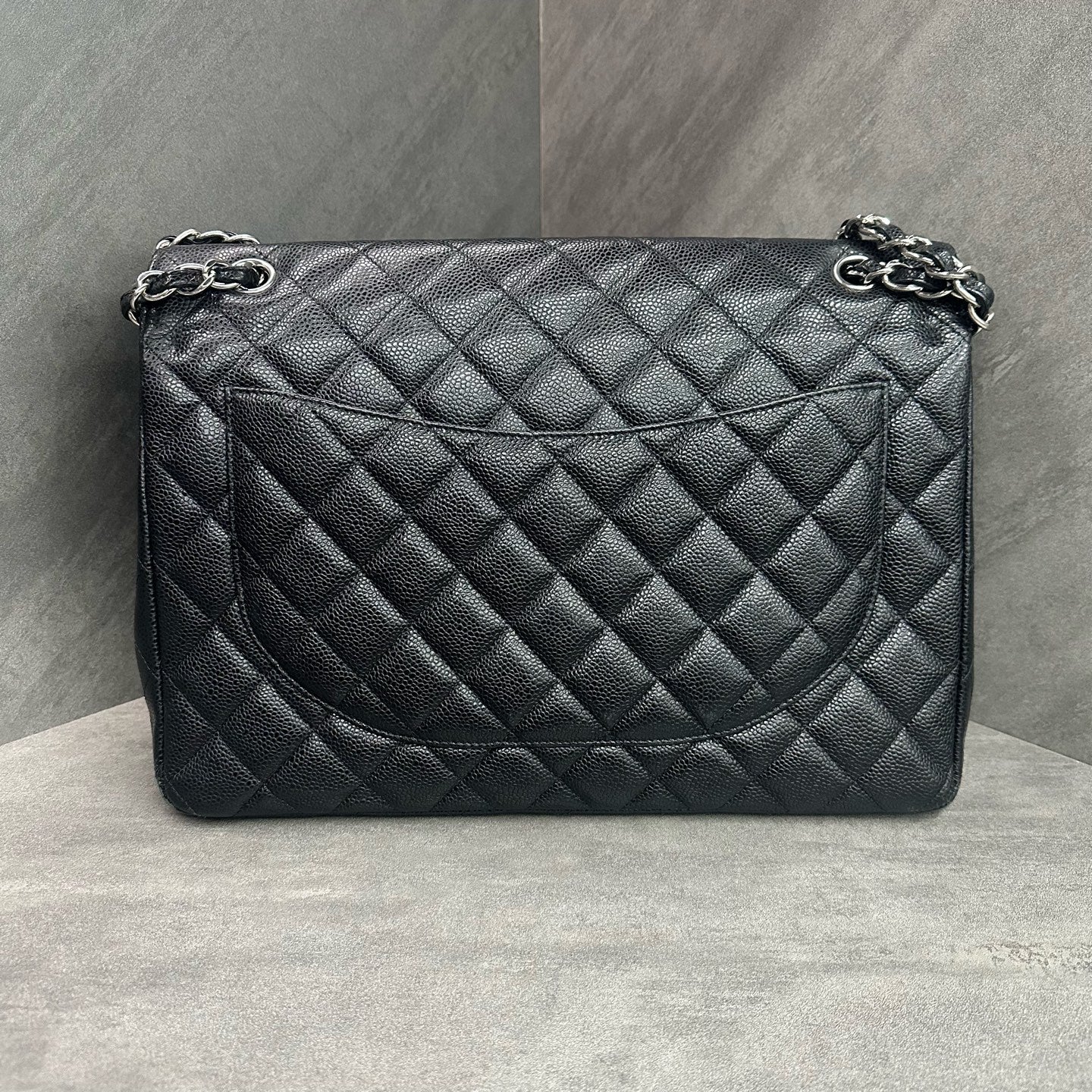 Chanel CF Maxi Black Silver Lambskin Chain Bag 17 Open Bag Shape with Structure, Clean Interior