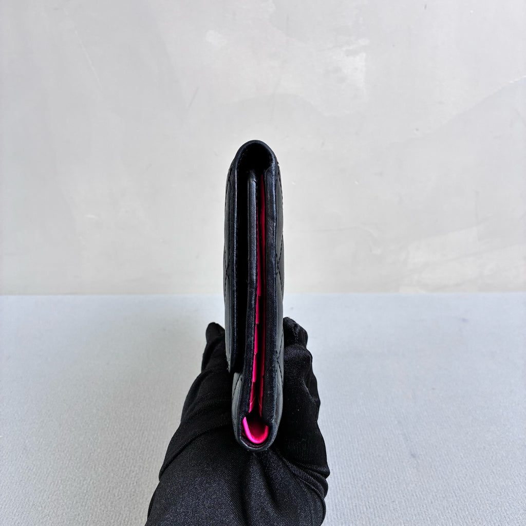 Chanel 16 Open Black Long Wallet Cowhide Material Interior with Multiple Fuchsia Card Slots Size 20*12