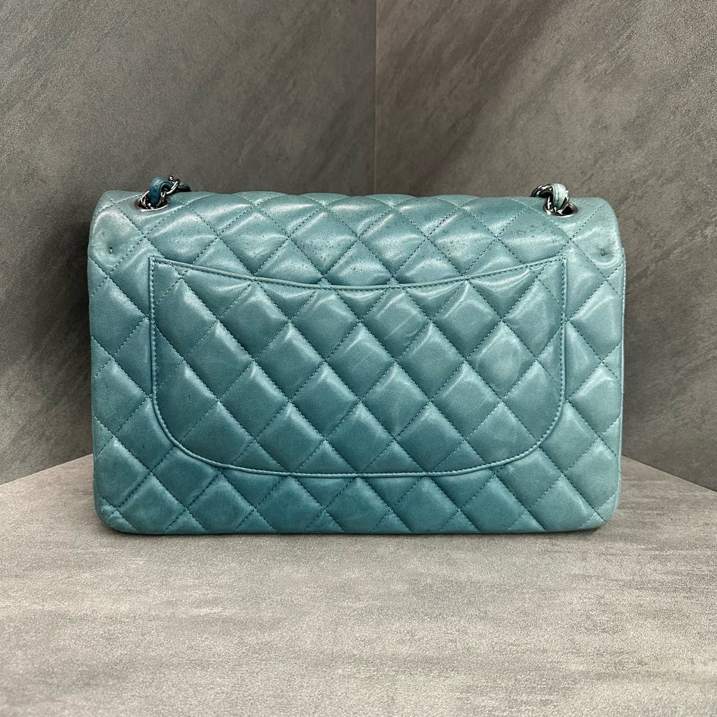 Chanel CF Jumbo Lake Blue Lambskin Chain Bag with Silver Hardware - 15 Opening with Card - Three-Dimensional Shape - Clean Interior