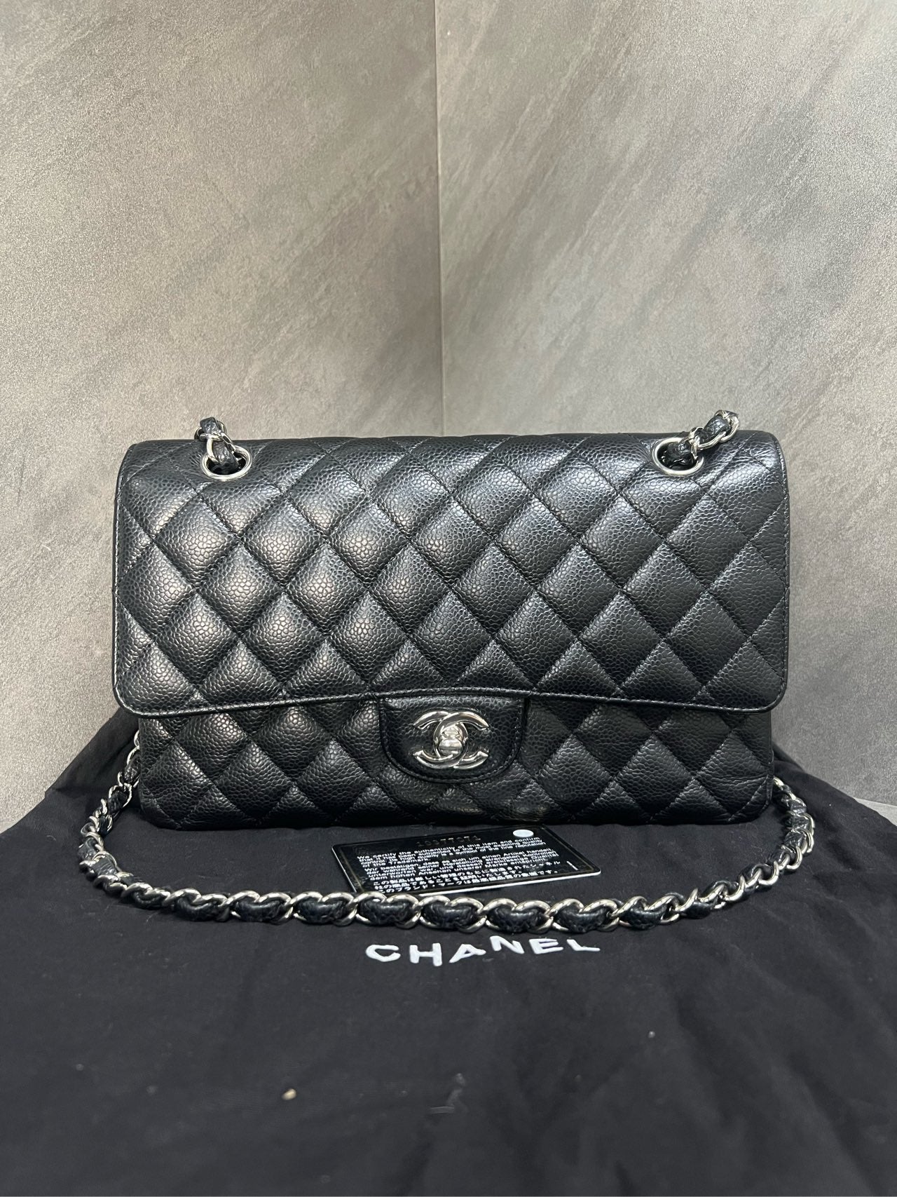 Chanel Medium Black Silver Caviar Leather CF, Series 19, perfect shape, 98% new, with authenticity card and dust bag included