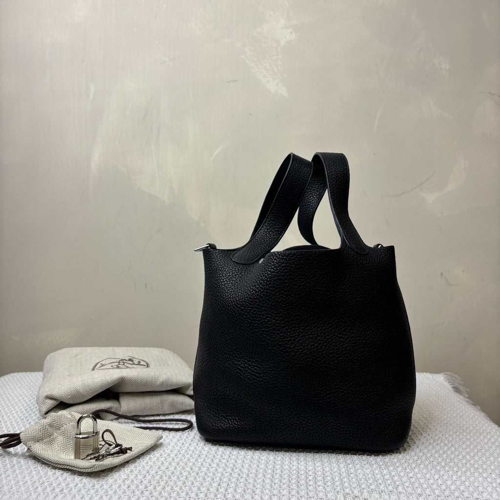 Hermes Frame P Engraved Basket 18 Black Silver Calfskin 99% New