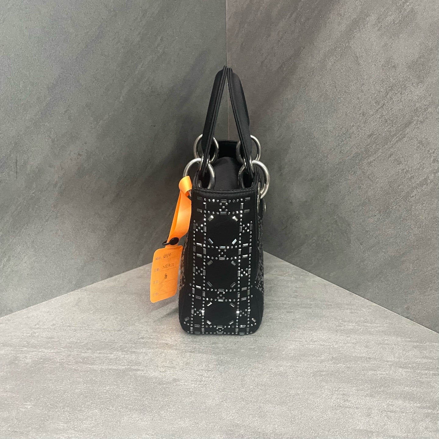 Dior Lady Dior Black silk satin three-check Daphne bag with silver clasp, 18-year code