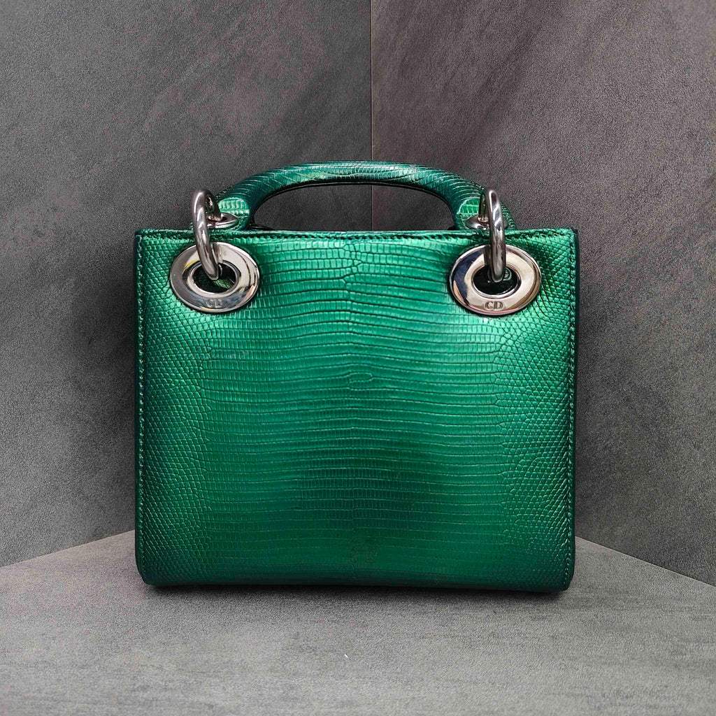 Dior Lady Dior Green Lizard Skin Silver Buckle Tote Shoulder Bag 2015