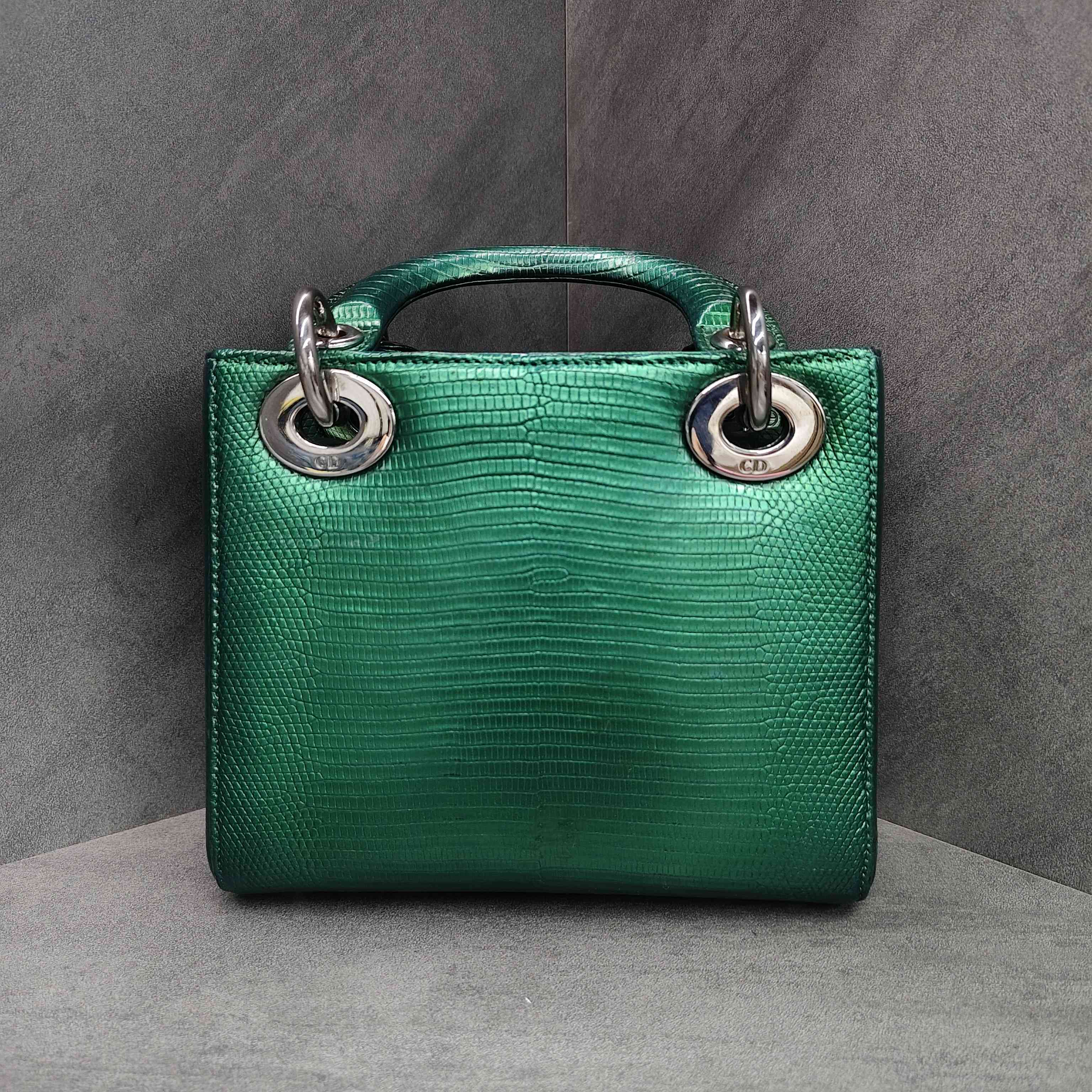 Dior Lady Dior Green Lizard Skin Silver Buckle Tote Shoulder Bag 2015