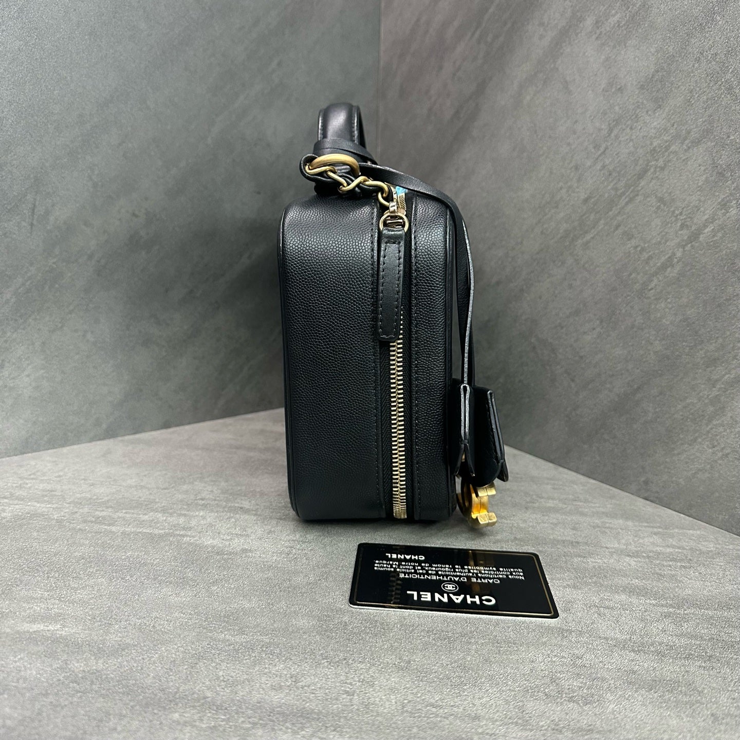 Chanel Vanity Case Black Quilted Camera Bag with Gold Hardware Medium 25 Opening with Card