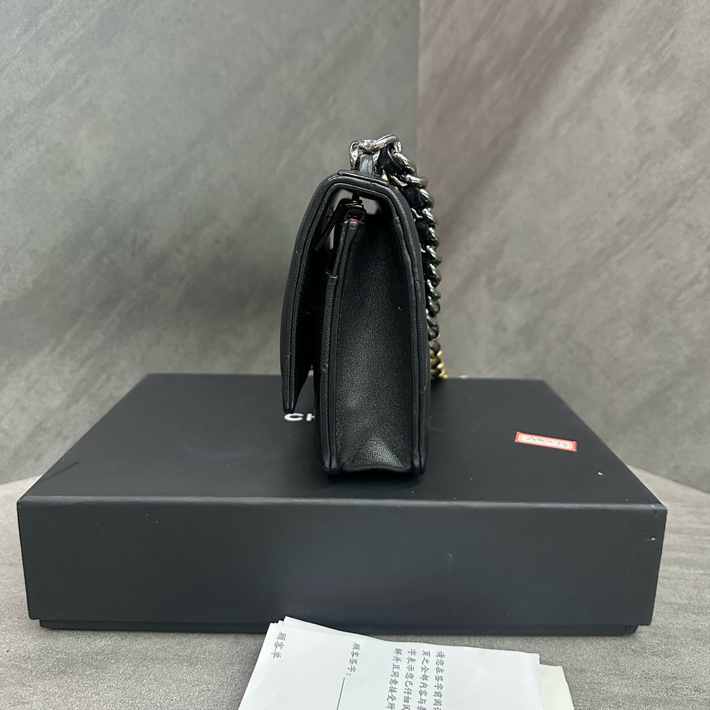 Chanel 19 Bag Black Quilted Lambskin WOC Gold-Tone Hardware Two-Tone Chain Microchipped Full Set