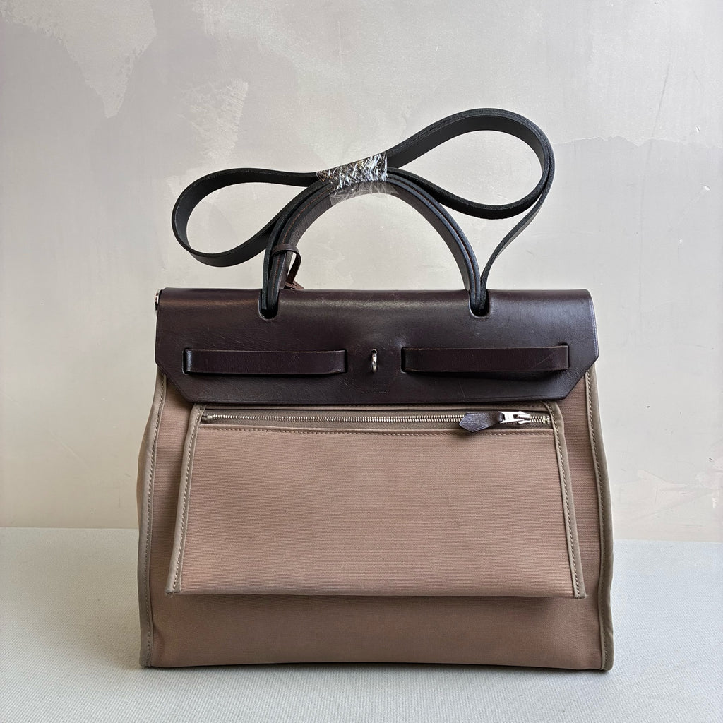 Hermes Herbag 31 Canvas and Leather, Dark Oak Color, Silver Hardware, T Stamp, 99% New