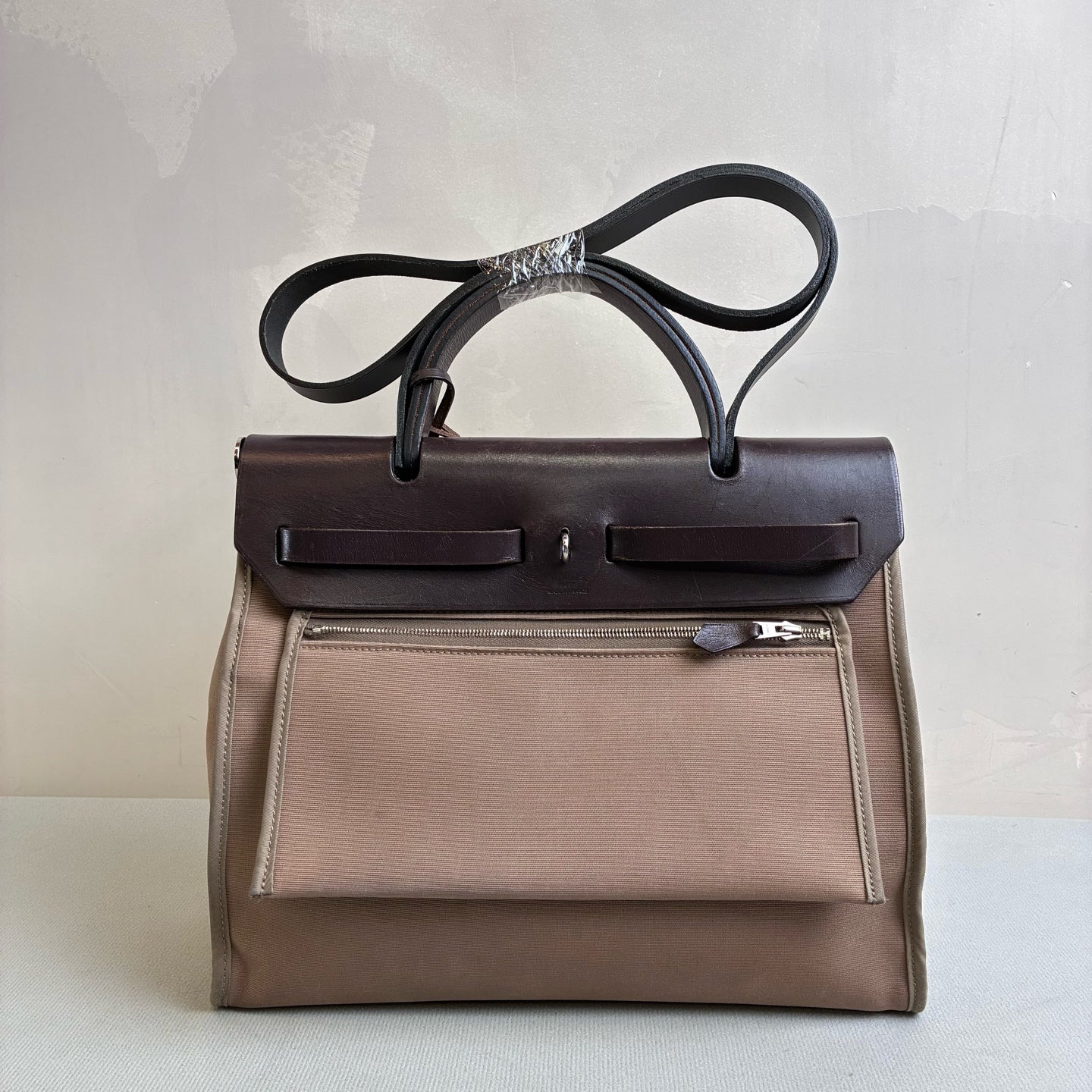 Hermes Herbag 31 Canvas and Leather, Dark Oak Color, Silver Hardware, T Stamp, 99% New