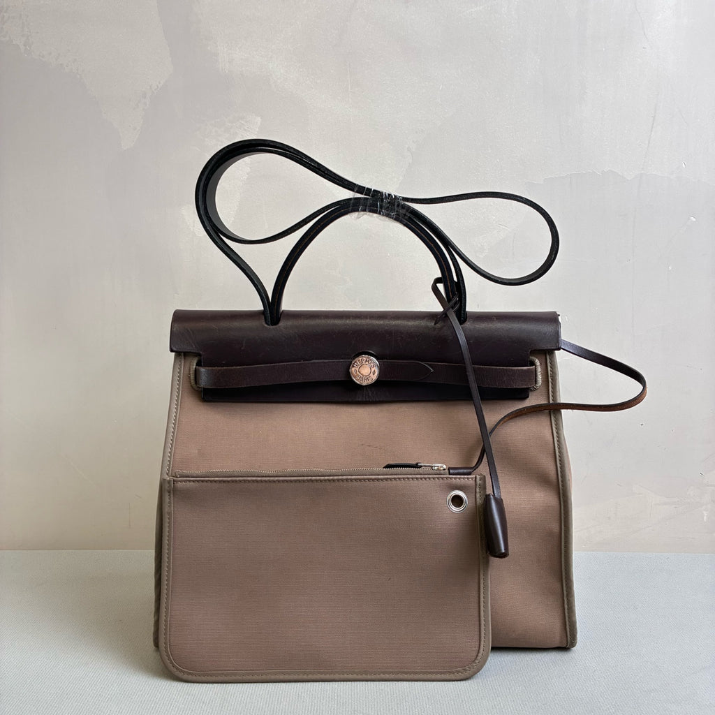 Hermes Herbag 31 Canvas and Leather, Dark Oak Color, Silver Hardware, T Stamp, 99% New