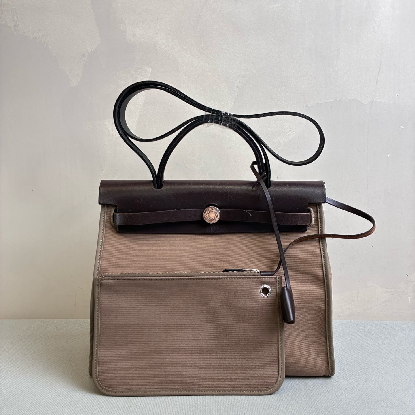 Hermes Herbag 31 Canvas and Leather, Dark Oak Color, Silver Hardware, T Stamp, 99% New
