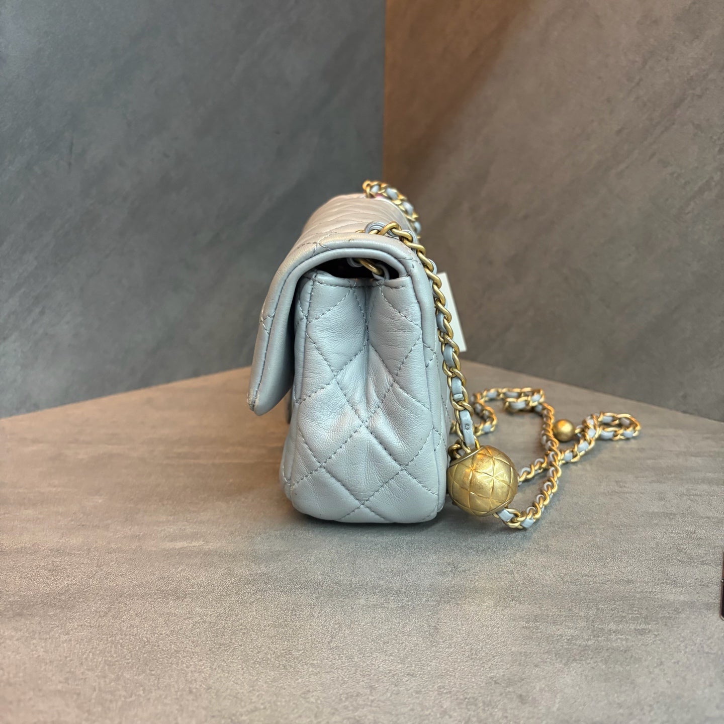 Chanel CF Mini, gray lambskin with gold ball hardware, 29 series with authenticity card, structured shape, clean interior, in stock