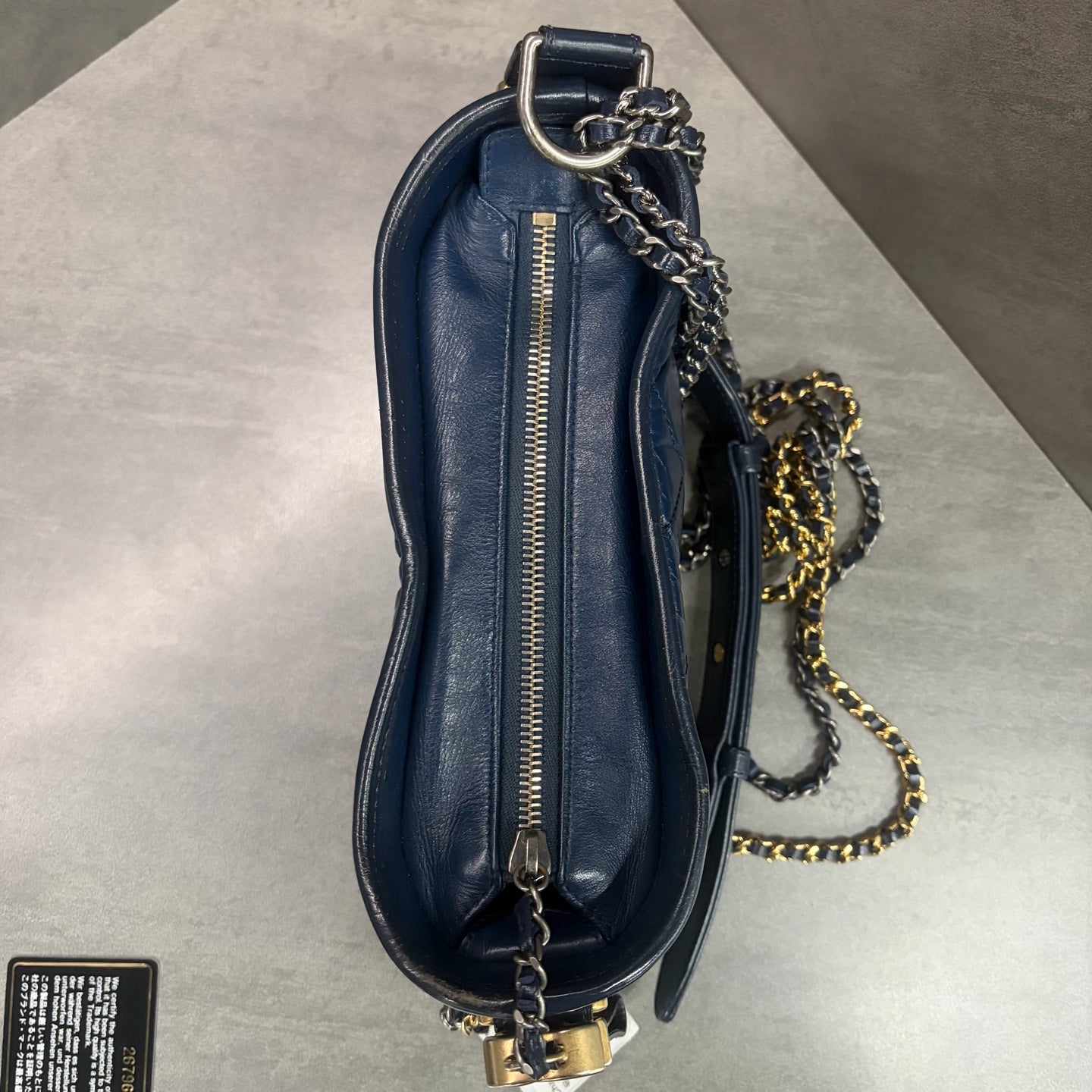 Chanel Gabrielle small size, gold-tone hardware, calfskin, navy blue, 26th production code, with authenticity card