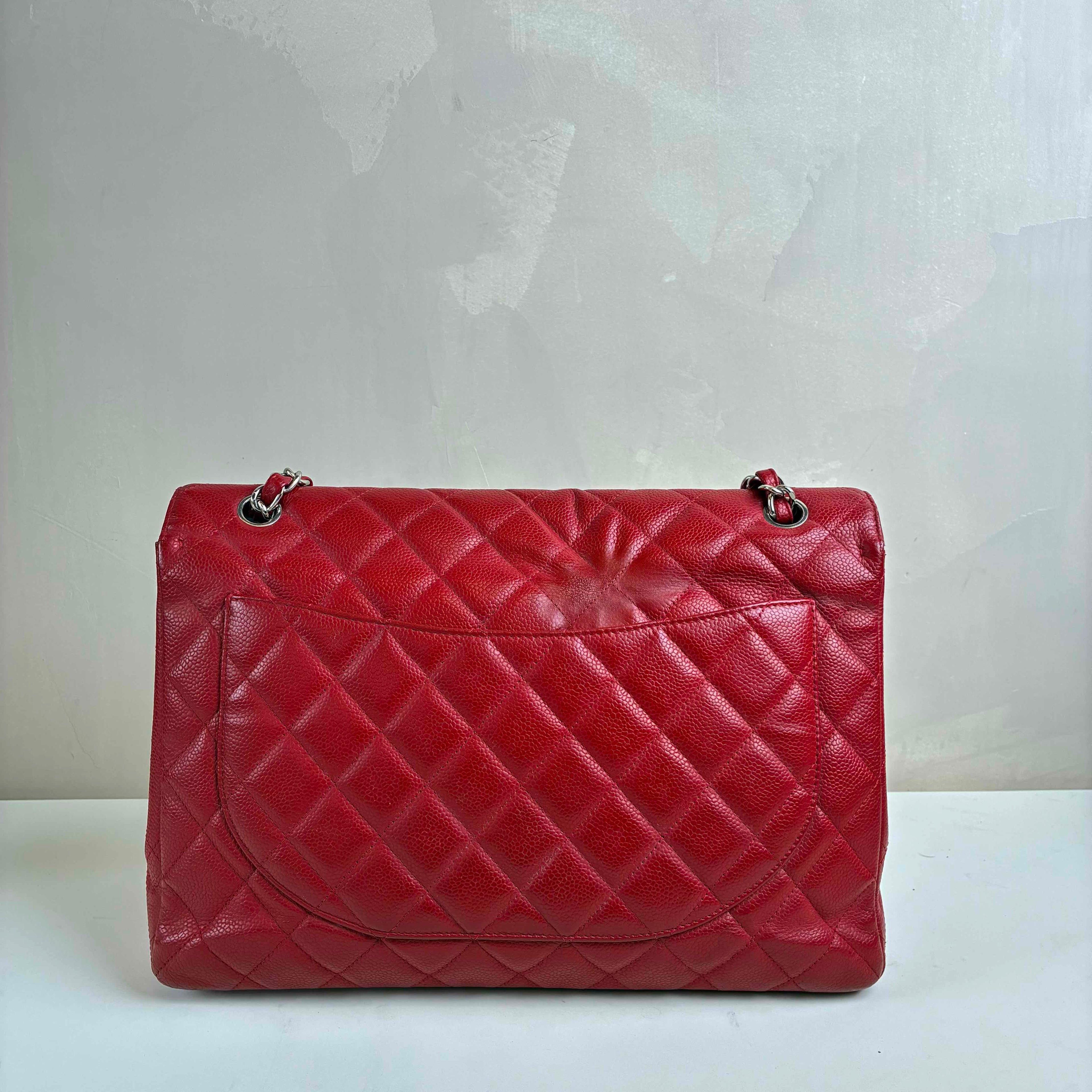 CHANEL cf jumbo max 13-inch red diamond-patterned lychee grain leather shoulder bag with silver chain buckle, bottom length
