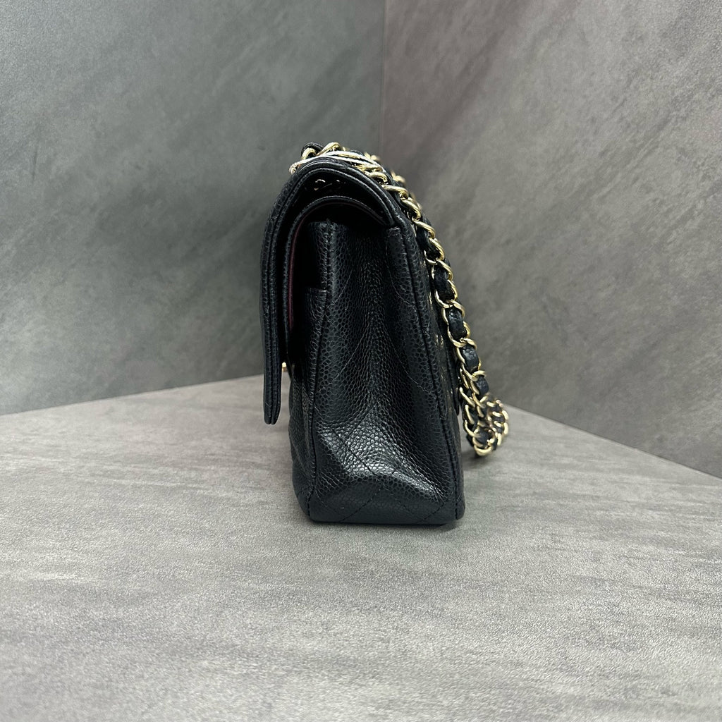 Chanel CF Medium Black Gold Litchi Leather Chain Bag 17 Series, Structured Shape, Clean Interior.