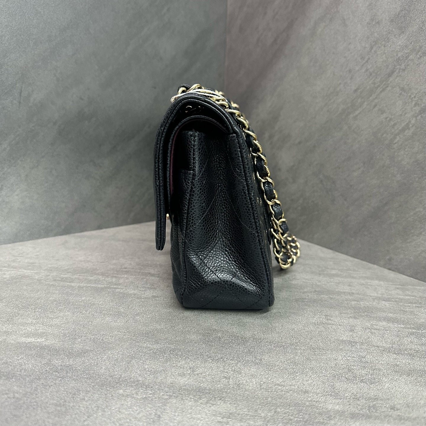 Chanel CF Medium Black Gold Litchi Leather Chain Bag 17 Series, Structured Shape, Clean Interior.