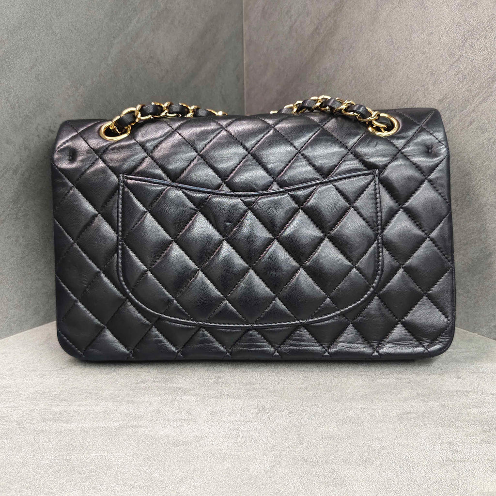 Chanel CF Medium Black Gold Lambskin Chain Bag 12 Opening No Card Structured Shape Clean Interior