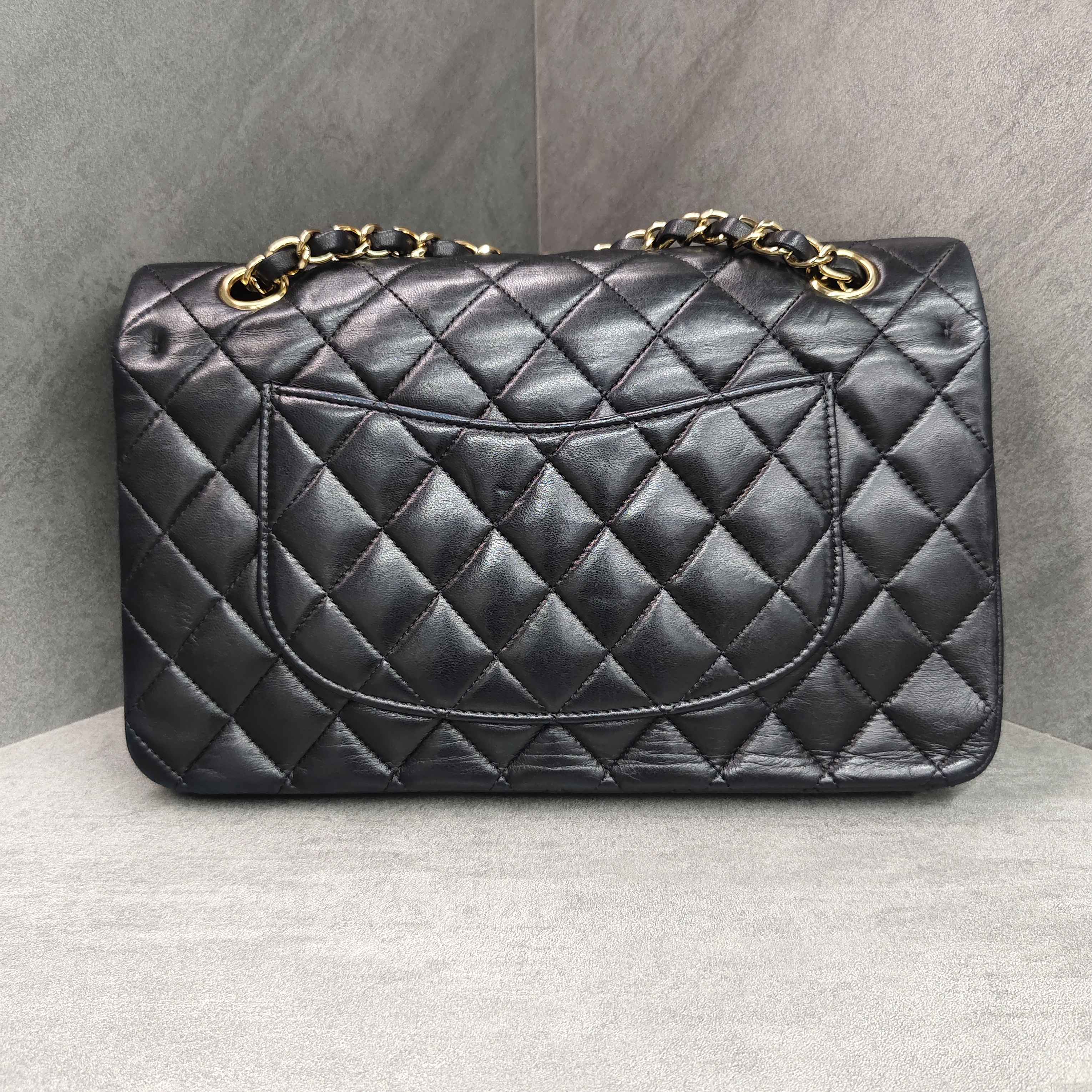 Chanel CF Medium Black Gold Lambskin Chain Bag 12 Opening No Card Structured Shape Clean Interior