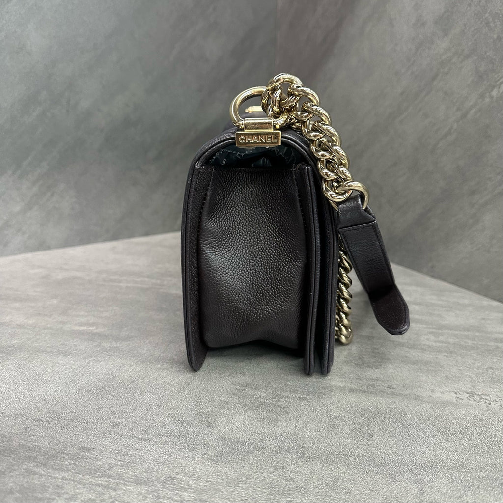 Chanel Le Boy Medium Brown Gold Hardware Litchi Grain Leather Chain Bag, chip included, structured design, clean interior.