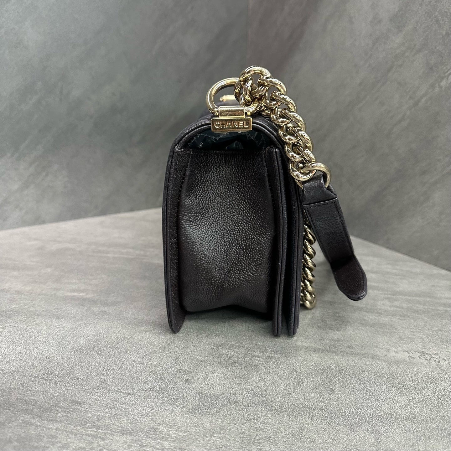 Chanel Le Boy Medium Brown Gold Hardware Litchi Grain Leather Chain Bag, chip included, structured design, clean interior.
